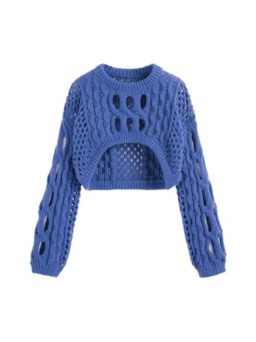 CIDER Cropped Sweaters for Women Knit Round Neckline Hollow Out Long Sleeve Crop Top Sweaters: Blue, XL | Amazon (US)