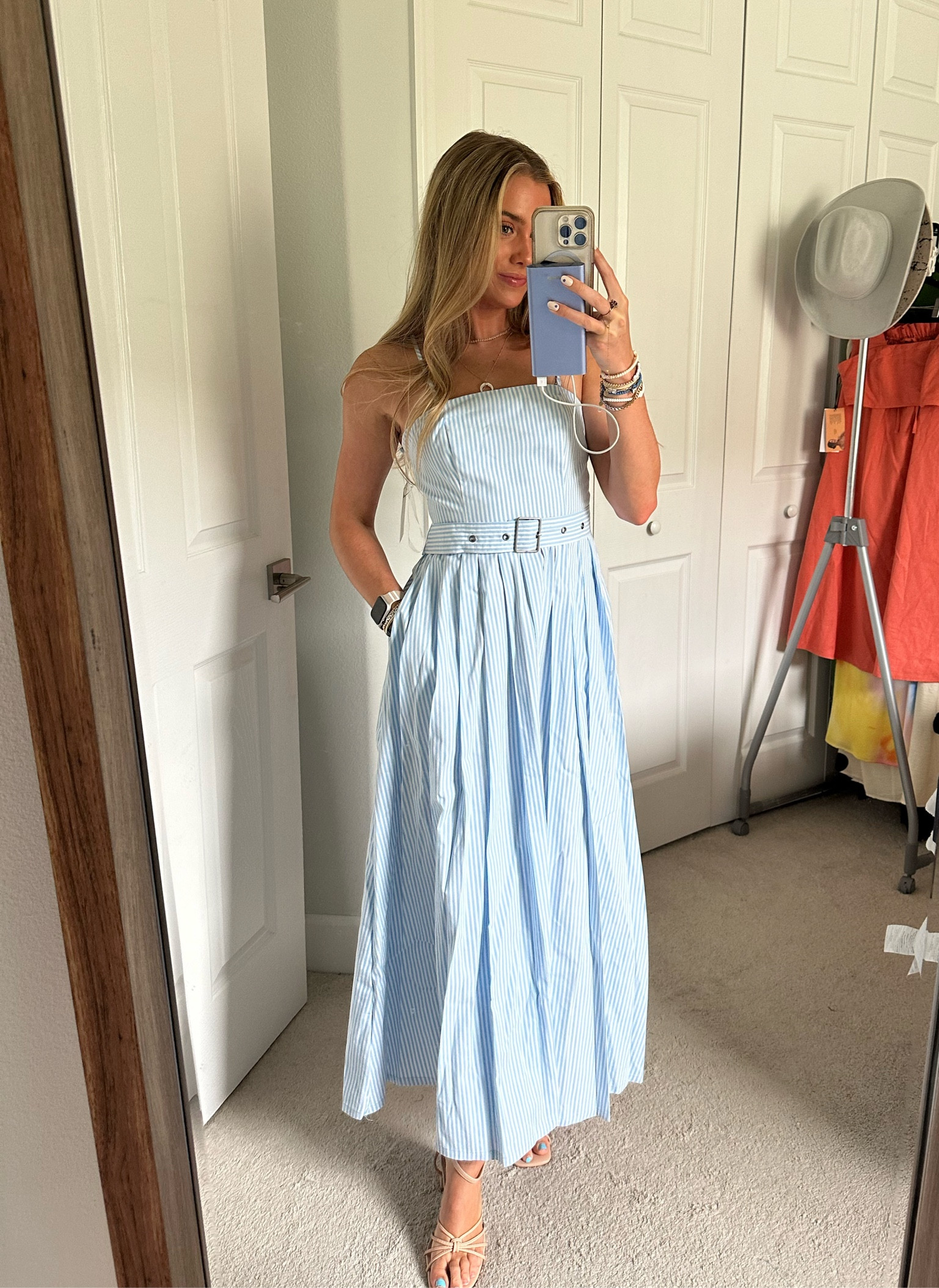 blue and black midi dress MONTELL V NECK TWIST FRONT LONG BALLOON SLEEVE MIDI DRESS