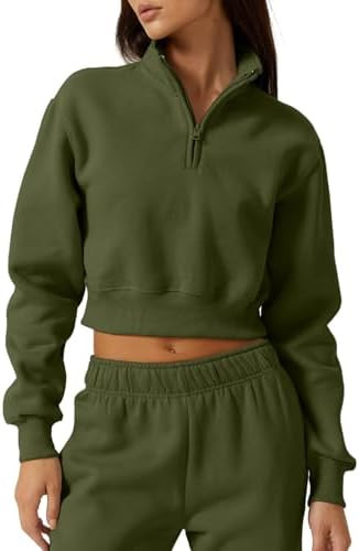 QINSEN Womens Half Zip Crop Sweatshirt High Neck Long Sleeve Pullover Cropped Top | Amazon (US)