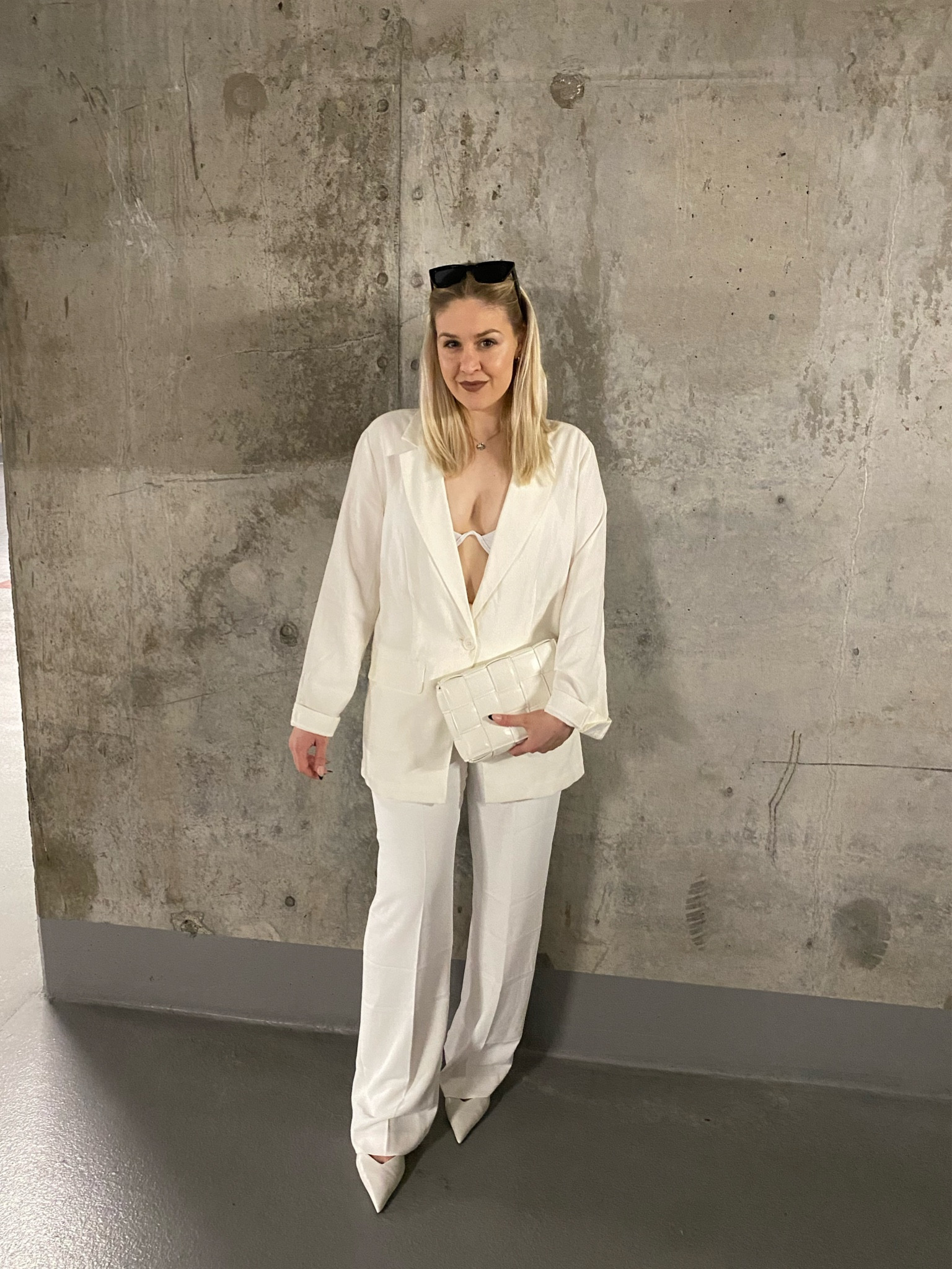 I live for neutrals 🤍🖤🤎 white / ivory blazer, straight leg trousers, white textured bag, sunglasses, white bra/swim top, ivory slingback heels

#LTKFind #LTKworkwear #LTKstyletip