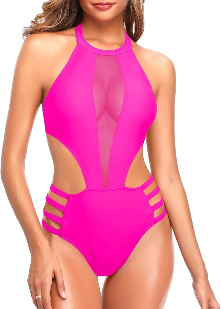 Tempt Me Women One Piece Sexy Mesh Swimsuit High Neck Halter Cutout Monokini Swimwear | Amazon (US)