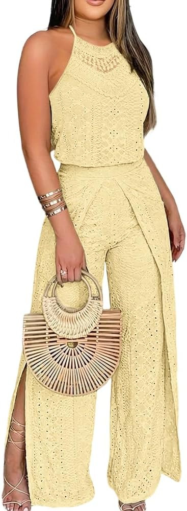 CHICME Women's Eyelet Halter Jumpsuit High Waist Wide Leg Outfit | Amazon (US)