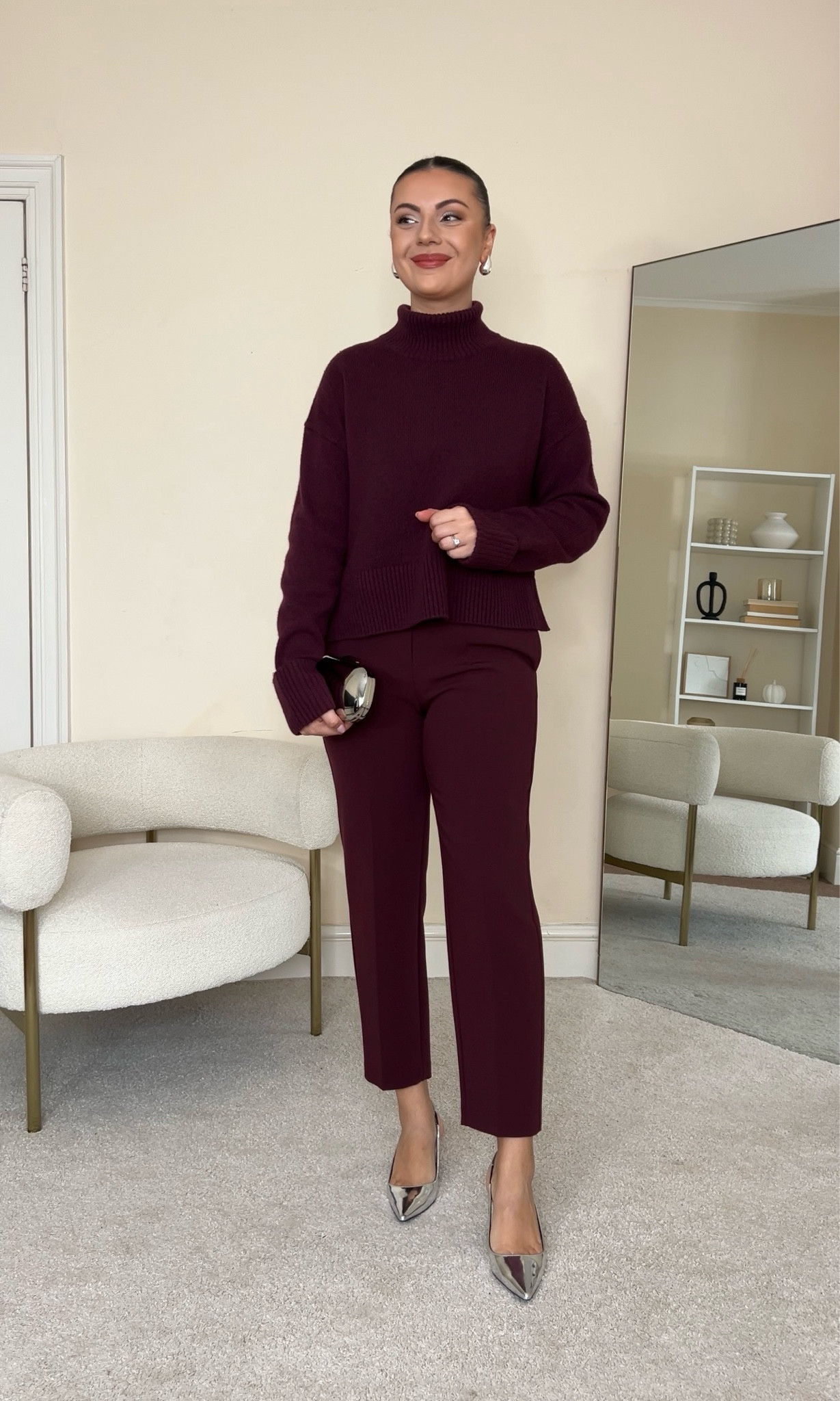 Cosy & chic festive season outfit. Christmas Eve/Christmas Day outfit idea.
Jumper is from Arket, wearing size XS.
Trousers are from M&S, wearing size UK10 regular.
Heels are from H&M.
Clutch bag is from Mango.

#LTKeurope #LTKHoliday #LTKstyletip