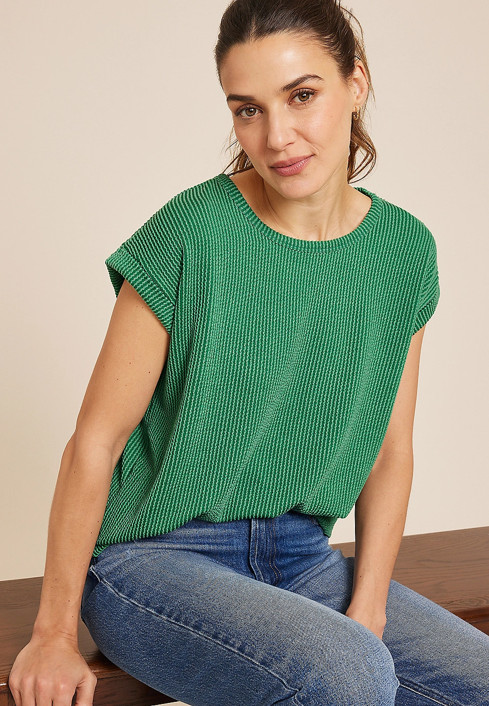 24/7 Clara Wavy Ribbed Short Sleeve Tee | Maurices