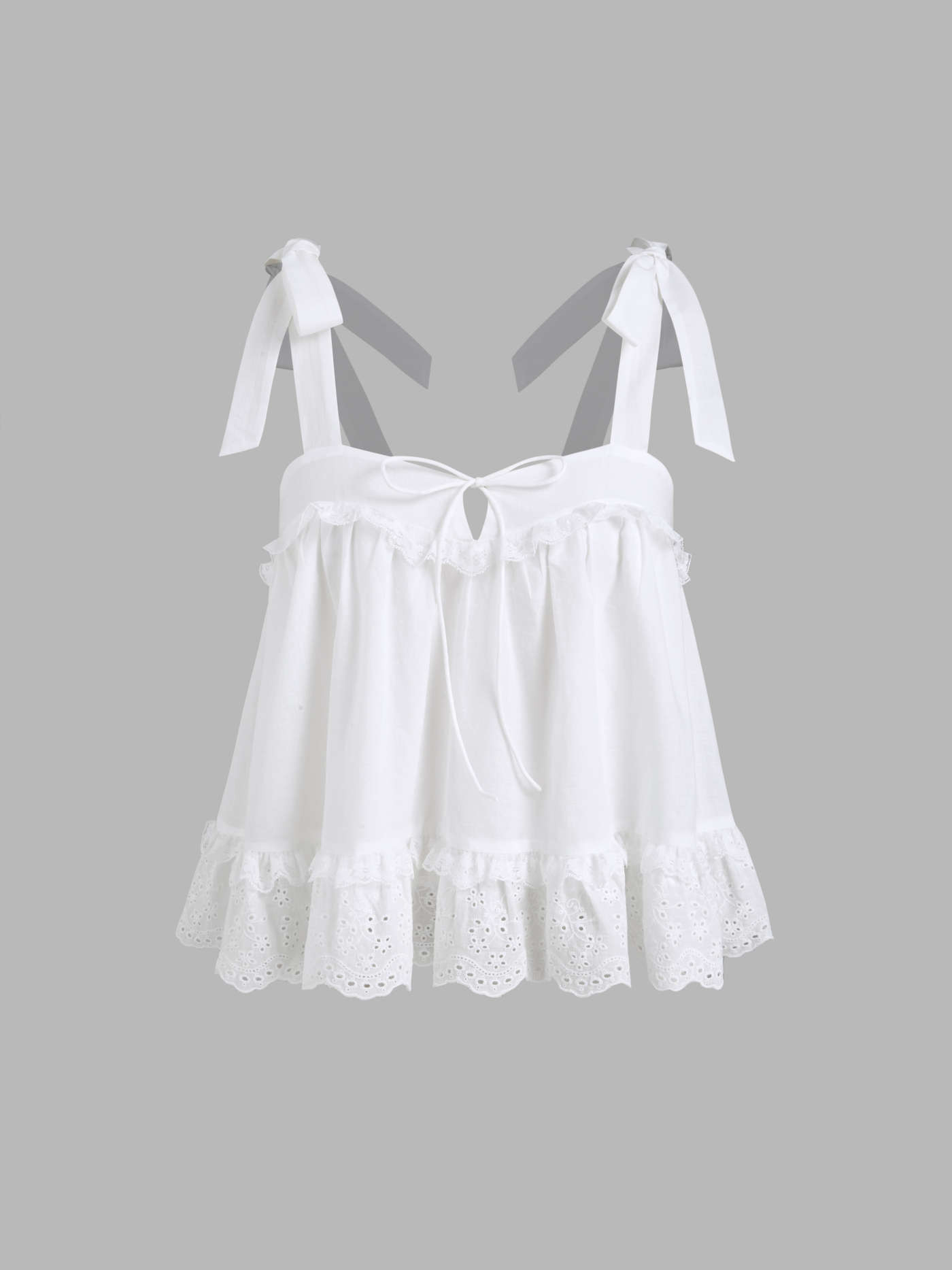 Cotton Broderie Anglaise Lace Trim Bowknot Top & Mid Rise Elastic Waist Shorts Set | Cider