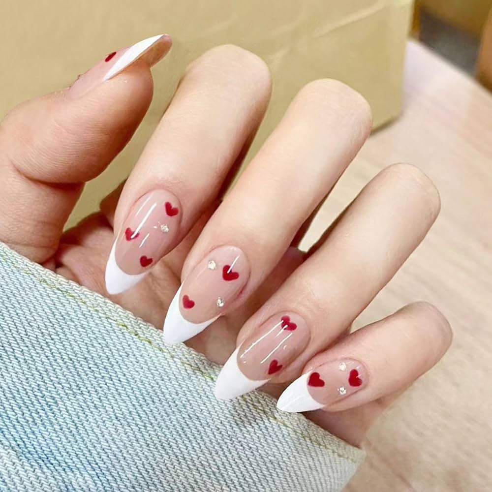 Valentine's Day Press on Nails Medium Almond Fake Nails with Red Heart Rhinestone Designs White F... | Amazon (US)