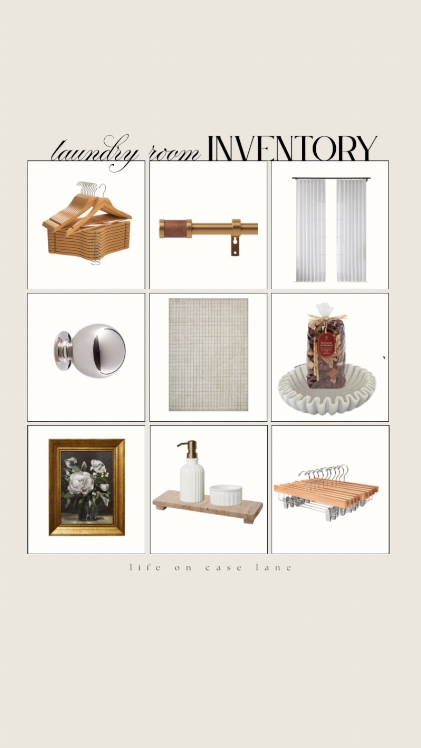 Laundry room inventory - cabinet hardware, soap dispenser, curtain rod, hangers, curtains, decor, fluted bowl, neutral rug, artwork 

#LTKSaleAlert #LTKHome