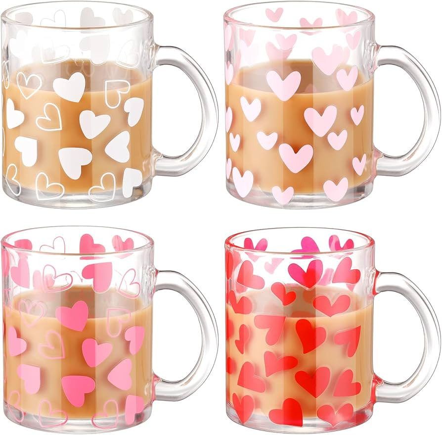Tioncy 4 Pcs Valentines Heart Coffee Mugs 12 oz Heart Glass Cups with Handle Valentines Pink Red ... | Amazon (US)