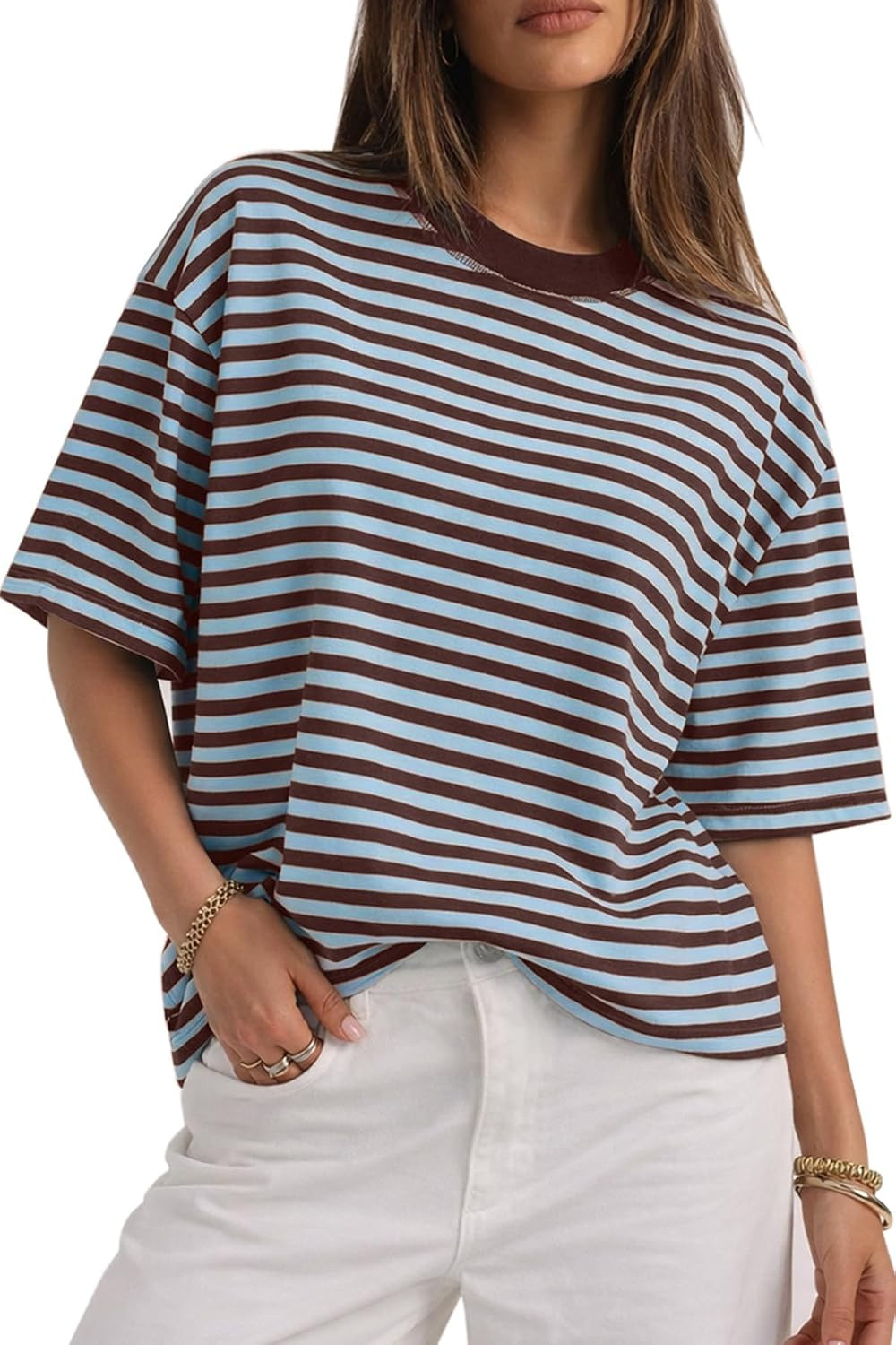 CHYRII Womens Oversized Striped T Shirts Short Sleeve Fashion 2026 Casual Crewneck Summer Y2K Clothes | Amazon (US)