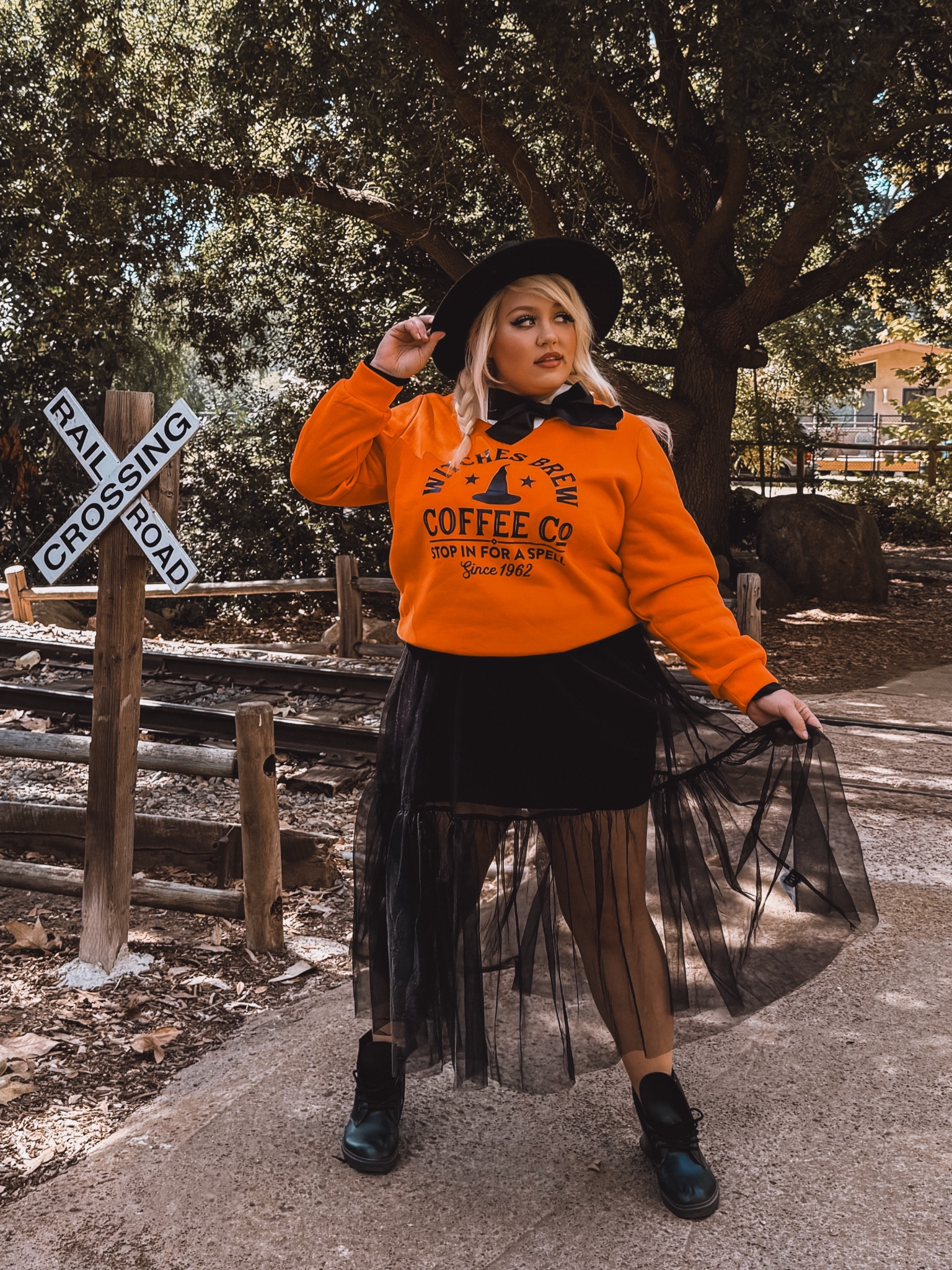 fall fit
witch fit
witch brew coffee sweatshirt 
sheer dress 
combat boots
boho wide brim hat

#LTKSeasonal #LTKHalloween #LTKPlusSize