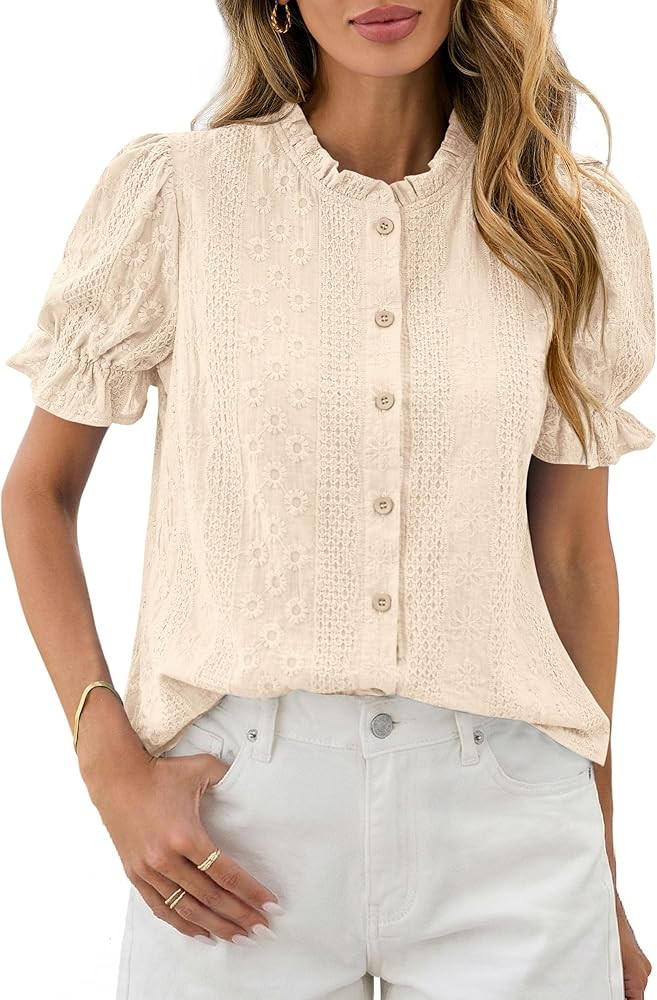 PRETTYGARDEN Womens Puff Short Sleeve Tops 2026 Summer Spring Button Down Boho Embroidered Cute B... | Amazon (US)