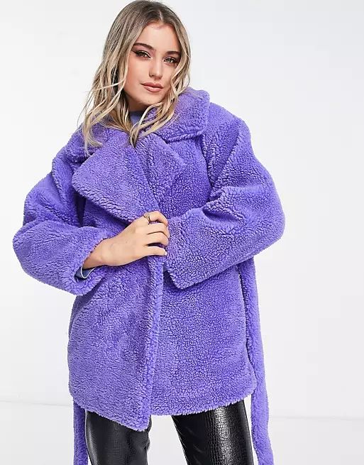 Miss Selfridge oversized belted faux fur coat in purple | ASOS (Global)