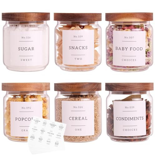 6 Set Glass Pantry Storage Jars with Acacia Airtight Lid - 15oz Thicken Glass Kitchen Canisters with 132 Pantry Labels - Clear Glass Food Storage Containers with Wood Lid for Tea,Sugar,Spice,herbs | Amazon (US)