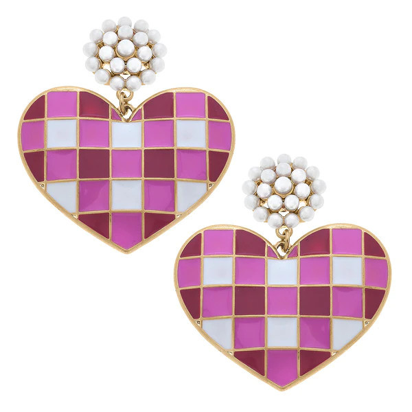 Valentine's Gingham Heart Pearl Cluster Enamel Earrings in Fuchsia | CANVAS