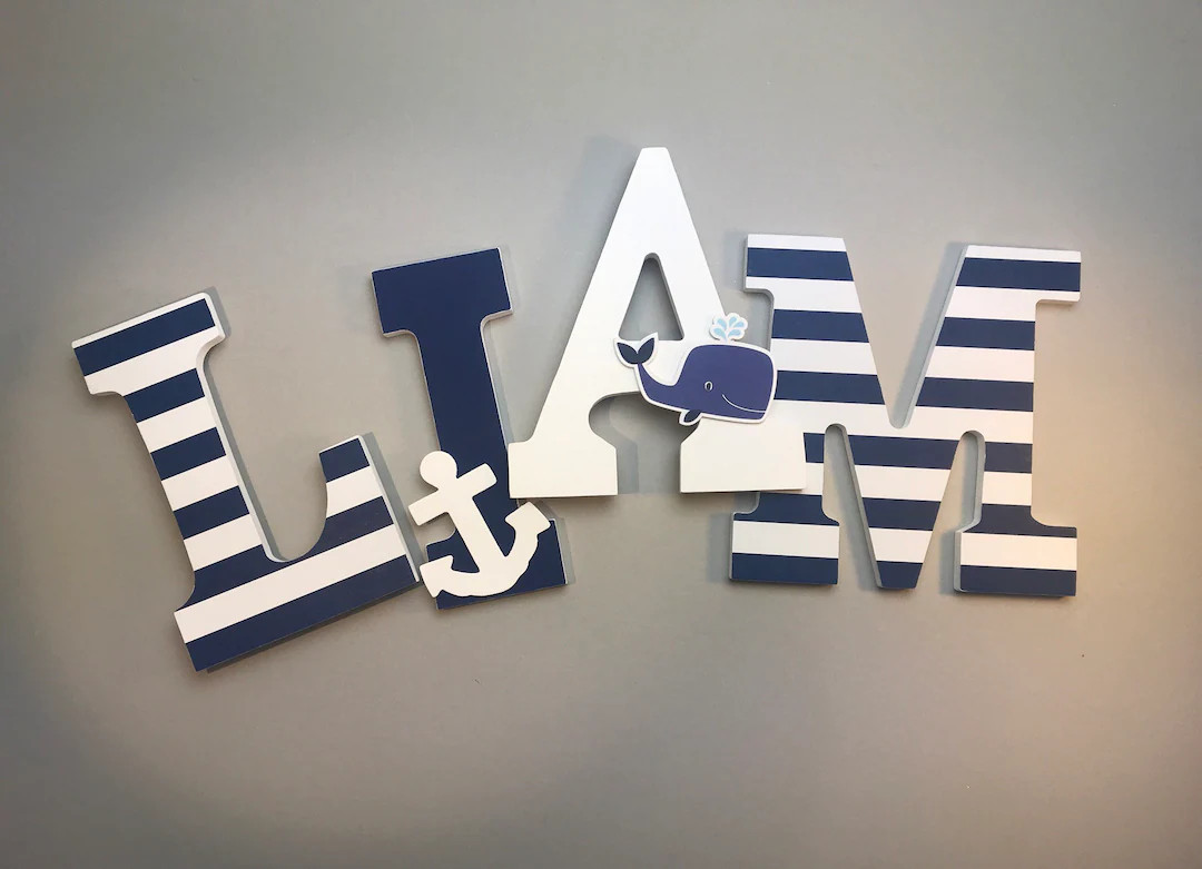 Boys navy nautical nursery letters, boys nautical baby shower decor, boys wall name letters, boy ... | Etsy (US)
