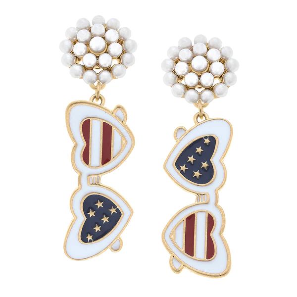 4th of July Heart Sunnies Pearl Cluster Enamel Earrings in Red and Blue | CANVAS