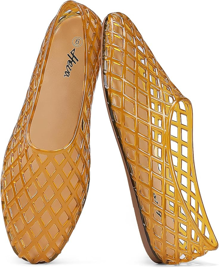 HEVA Women's Jelly Mesh Flats Breathable Clear Hollow Shoes Summer Beach Jellies Ballet Sandals | Amazon (US)