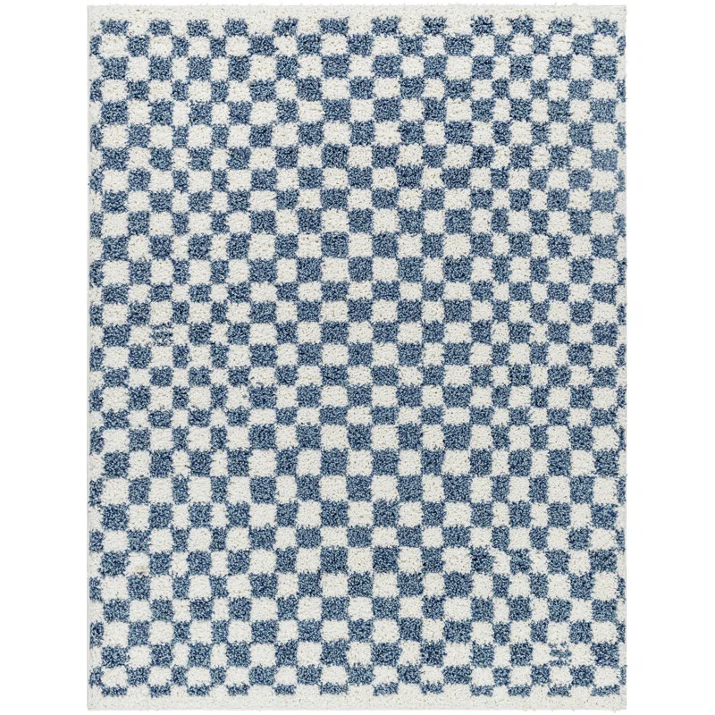 Calpurnia Rectangle Checkered Machine Woven Polyester Area Rug in Blue/White | Wayfair North America