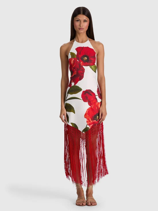 MALLORY LINEN FRINGE MIDI DRESS | Alice + Olivia