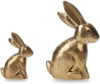 DN DECONATION Wooden Golden Easter Bunny Figurines, Small Decorative Easter Bunny Statue Set of 2, V | Amazon (US)