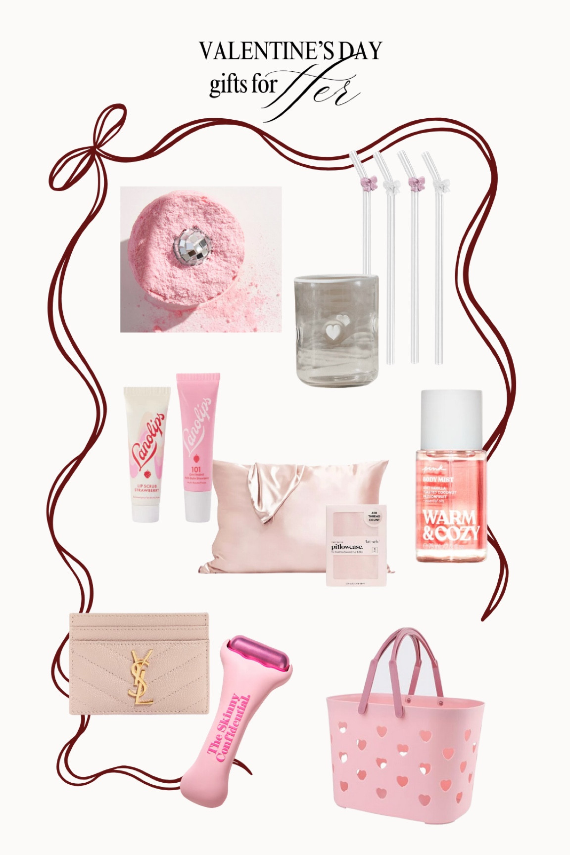 { valentine’s day gifts for her ❥

• bath bomb + shower steamers 
• cutesy glass 
• glass straws 
• lip product 
• satin pillowcase 
• fragrance 
• boujee card holder 
• ice roller 
• reusable heart basket 

Love Basket for Her . Valentine’s Day for Her . Anthropologie Home . Target Beauty . Amazon Finds . Native American Content Creator } 

#LTKSeasonal #LTKHome #LTKBeauty
