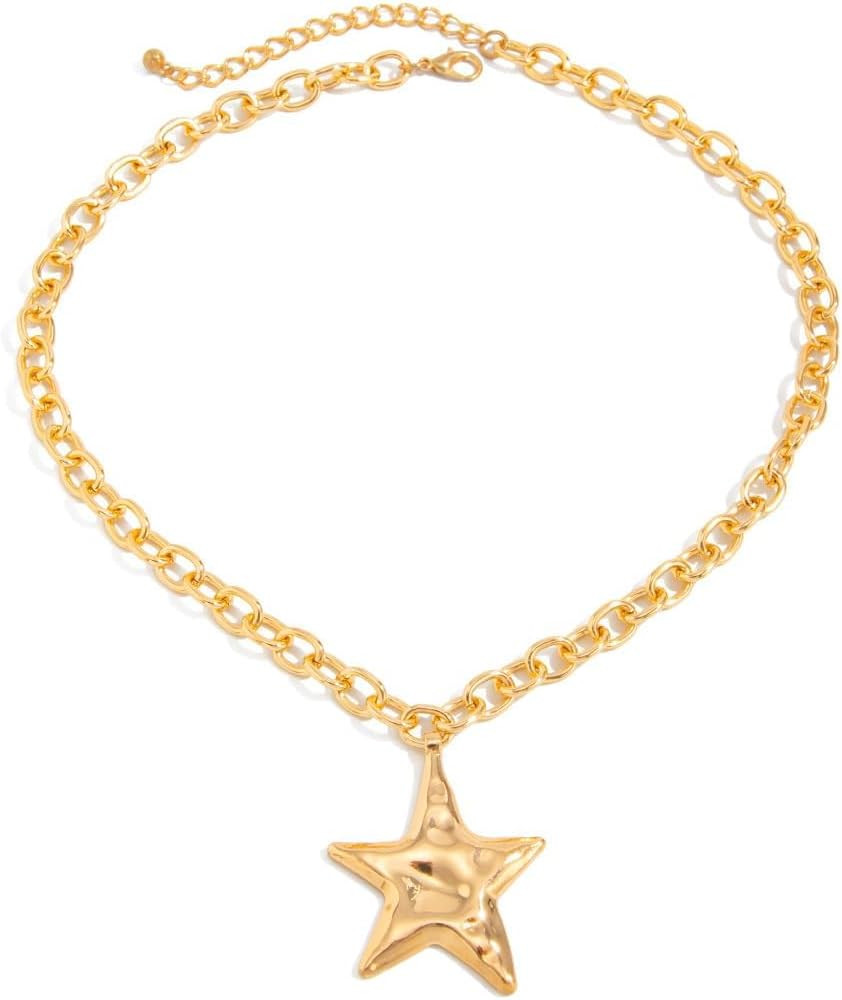 Gold Star Necklace for Women Trendy Bold Star Pendant Necklace Statement Necklaces Vintage Hammer... | Amazon (US)