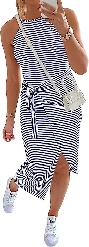 MEROKEETY Womens Sleeveless Halter Neck Striped Midi Dresses Tie Waist Ruched Bodycon T Shirt Dress | Amazon (US)