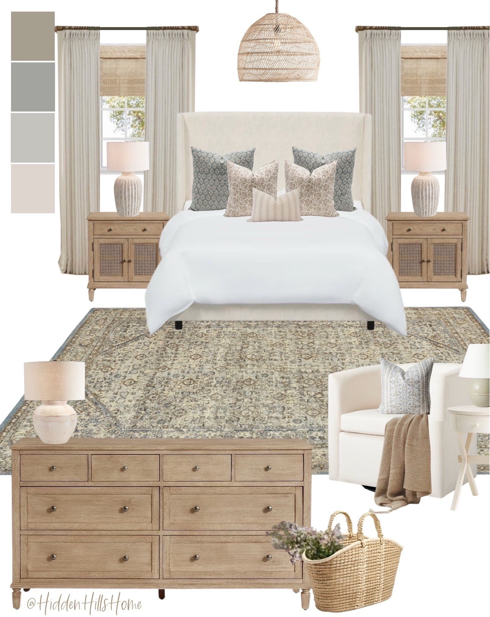 Master bedroom decor mood board, bedroom design ideas, bedroom inspiration, Tilly bed, nightstands #bedroom
