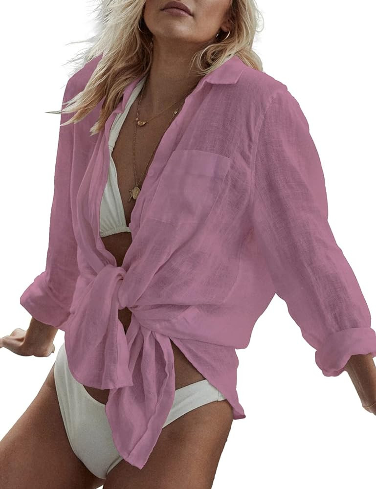 Bsubseach Women Long Sleeve Beach Shirt Blouses Bathing Suit Cover Up Button Down Collar | Amazon (US)