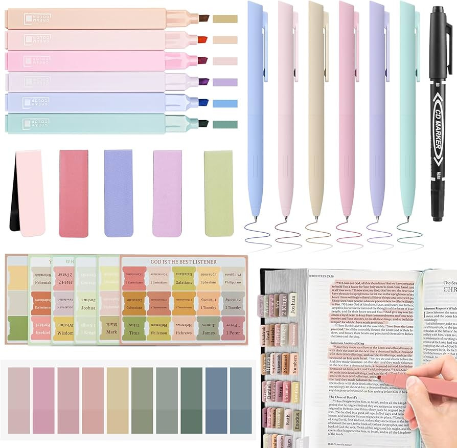 25Pcs Bible Journaling Kit, 6 No Bleed Bible Highlighters, 6 Color Pens, 90 Laminated Bible Tabs,... | Amazon (US)