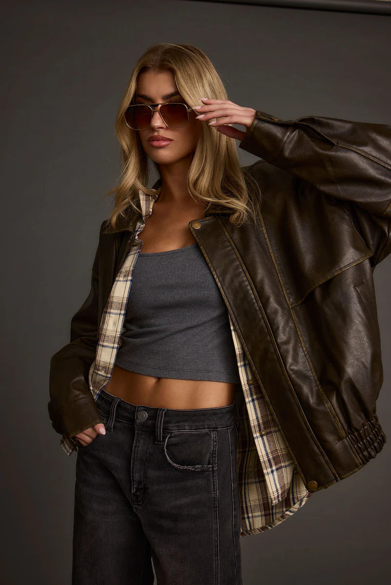London Calling Brown Oversized Faux Leather Jacket | 12th Tribe