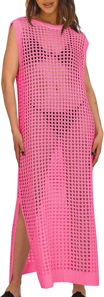 Saodimallsu Womens Crochet Swimsuit Coverup Summer Sleeveless Hollow Out Knit Crewneck Side Split... | Amazon (US)