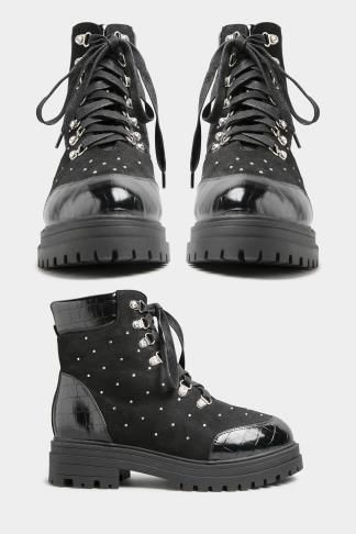 LIMITED COLLECTION Black Faux Suede Diamante Stud Lace Up Boots In Wide Fit | Yours Clothing UK