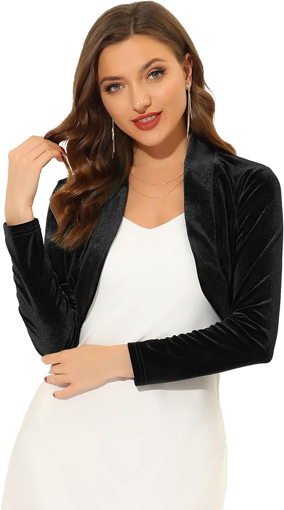 Allegra K Women's Long Sleeve Velvet Shrug Cocktail Party Open Front Cropped Bolero Cardigan Top | Amazon (US)