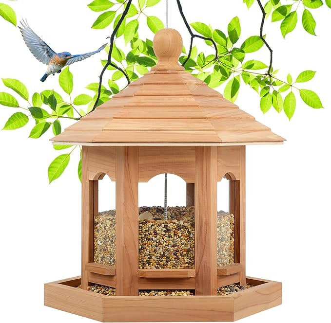 Wooden Bird Feeder for Outdoors Hanging, Red Cedar Hexagon Shaped Large Capacity, Cardinal Birdfe... | Amazon (US)