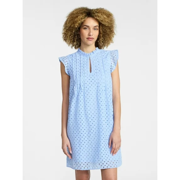 Time and Tru Women's Cotton Eyelet Mini Dress with Flutter Sleeves, Sizes XS-XXXL | Walmart (US)