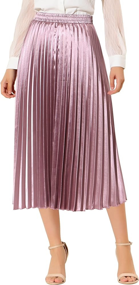 Allegra K Women Pleated Skirt Midi Length Elastic High Waisted A Line Metallic Shirring Party Ski... | Amazon (US)