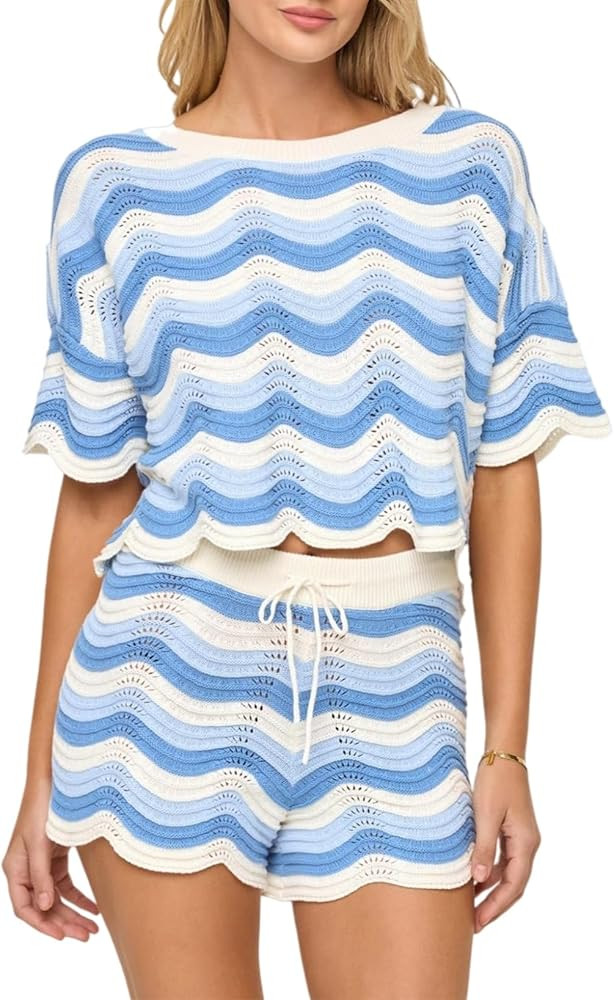 2 Piece Sets for Women Short Sleeve Striepd Crochet Cover Up Tied Shorts Beach Clothes | Amazon (US)