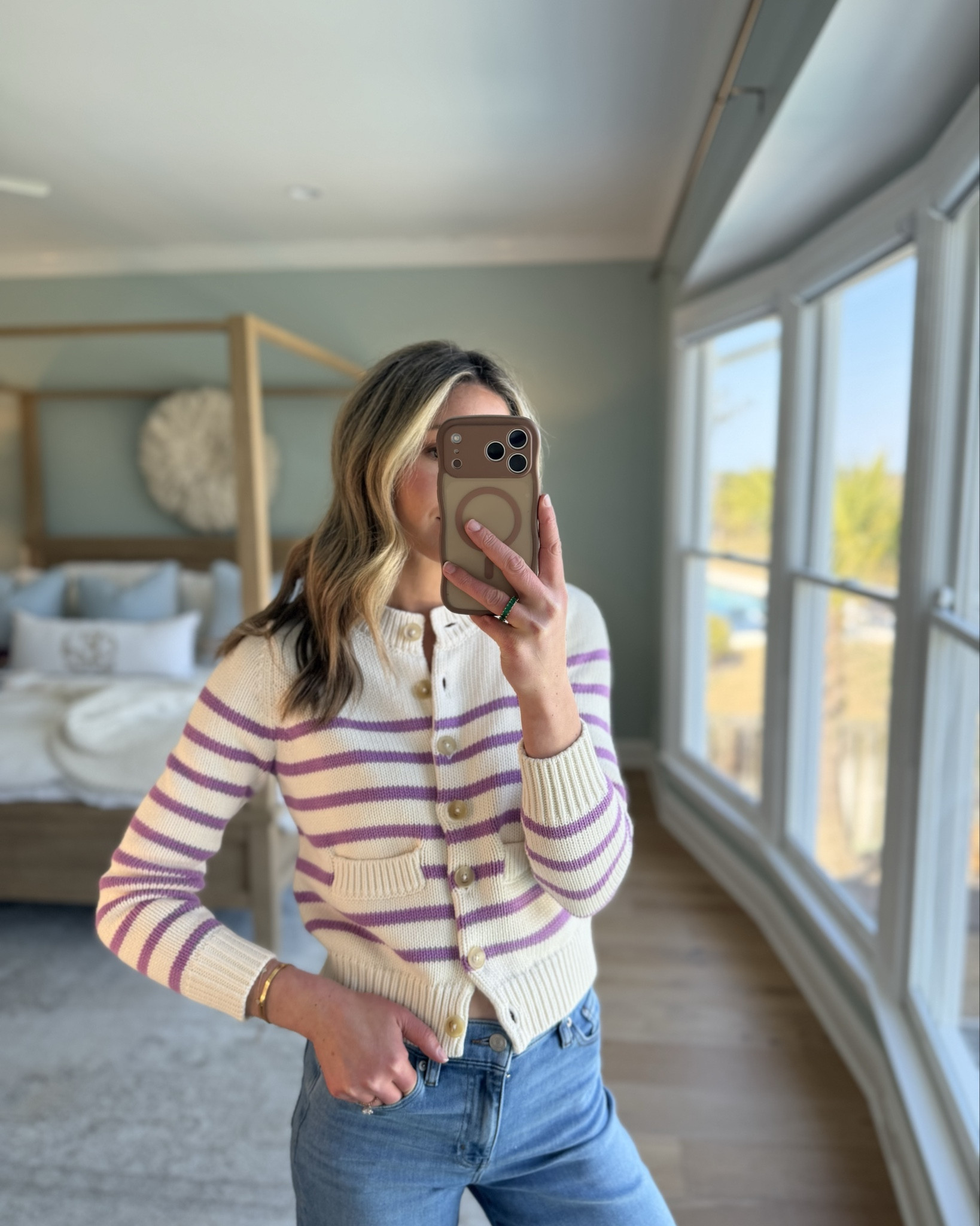 i can never say no to a good striped cardigan! & boden is 20% off today through sunday! this one is such a fun little pop of color but still feels classic. i love it buttoned up like this with jeans, but it would be so cute layered over a tee or thrown over your shoulders too. wearing a size s in everything! 

 #LTKdayinmylife #LTKgrwm #LTKootd