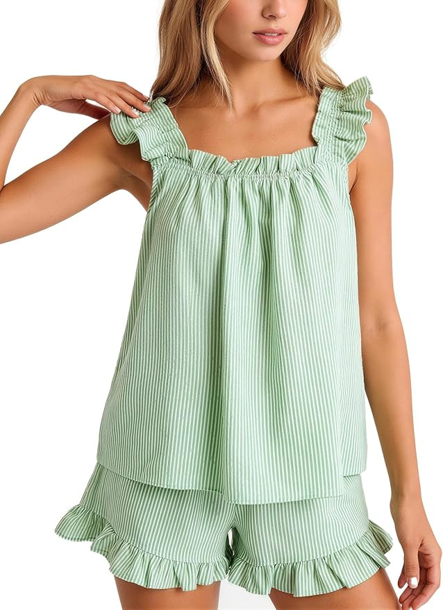 Flygo Striped Pajamas Set for Women Cotton 2 Piece Lounge Sets Ruffle Cami Top and Shorts Cute Su... | Amazon (US)