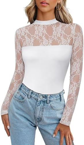 Zeagoo Long Sleeve Shirts for Women's Lace Tops Mesh Sheer Crew Neck Shirts Sexy Fall Going Out B... | Amazon (US)