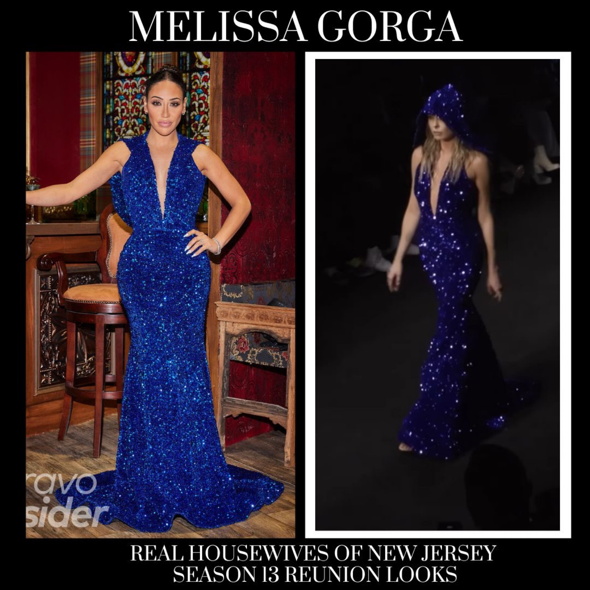 Melissa Gorga’s Real Housewives of New Jersey Season 13 Blue Sequin Hooded Reunion Gown is by Walter Mendez // Shop Similar // 📸 + info = @bravotv