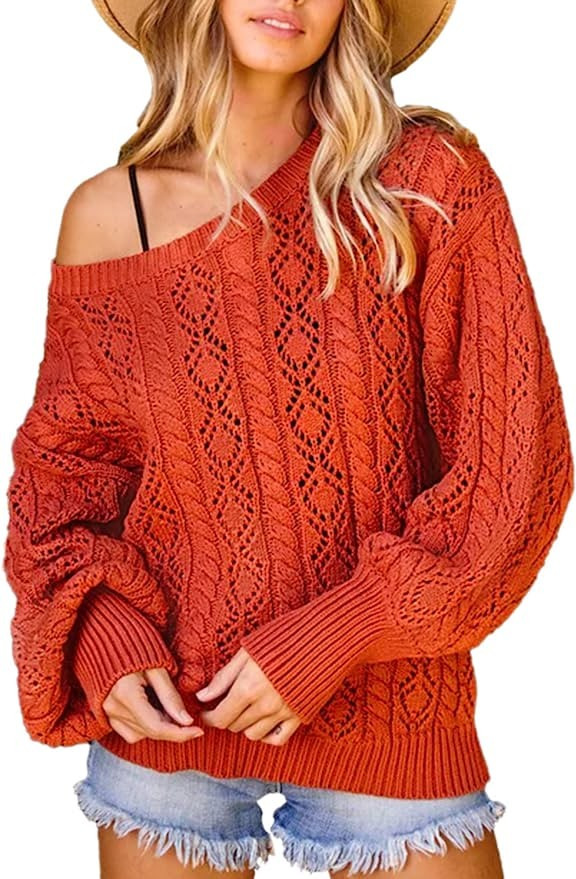 HOOKLZO Women's Crochet Pullover Sweater Lightweight Crew Neck Casual Fall Tops Loose Off Shoulde... | Amazon (US)