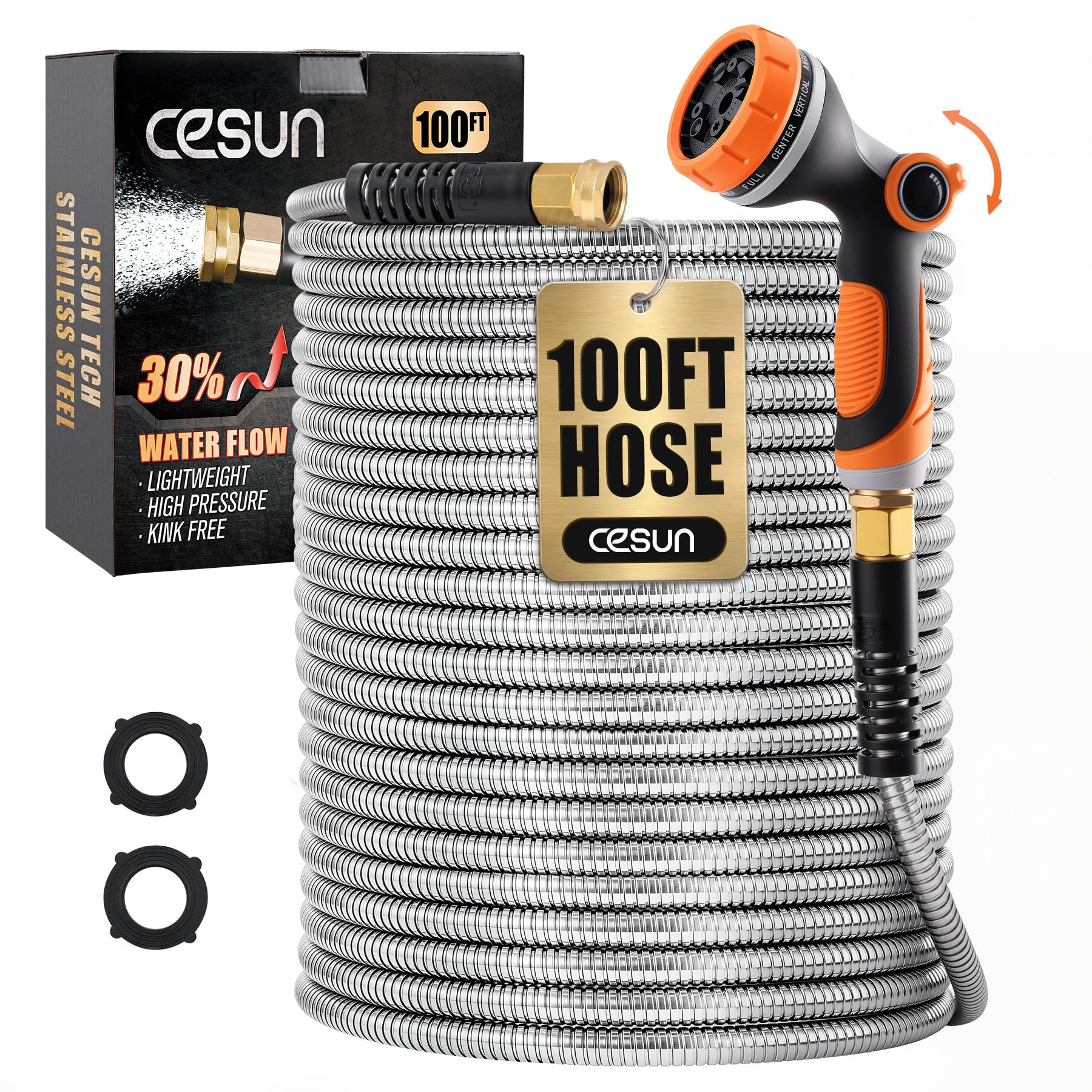 Cesun 100 ft Metal Garden Hose, Stainless Steel Heavy Duty Water Hose With 10 Function Nozzle, No... | Amazon (US)