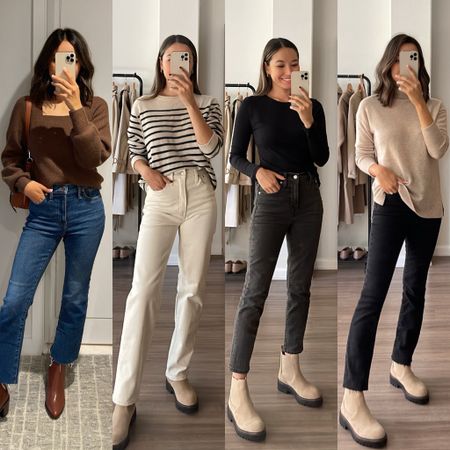 Favorite Madewell jeans 40% off with Black Friday sale code OHJOY
1. Blue jeans sized down 2 wearing 23 standard 
2. White straight leg sized down 2 wearing 23 standard 
3. PVJ sized down 2 - fits a little small wearinf 23 petite 
4. Black wash jean sized down 2 - fits a little tight wearing 23 standard, exact sold out linked almost exact pair

Sweaters / striped sweater / boots 

#LTKsalealert #LTKHoliday #LTKCyberweek