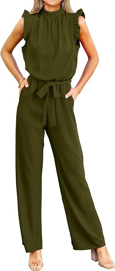 KIRUNDO Jumpsuits For Women Summer Dressy One Piece Sleeveless Ruffle Mock Neck Belt Pockets Form... | Amazon (US)