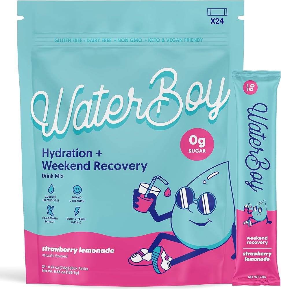 Waterboy Weekend Recovery | 3,200mg Electrolyte Powder Packets | Ginger + L-Theanine + Vitamins |... | Amazon (US)