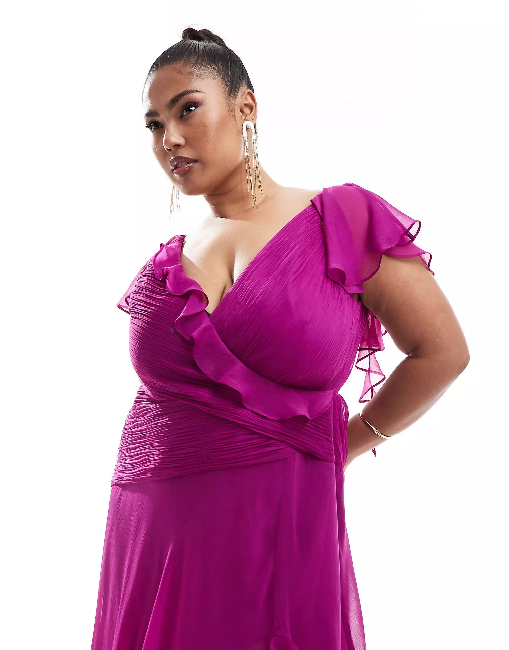 ASOS DESIGN Curve wrap front ruffle maxi dress with high split detail in purple | ASOS (Global)