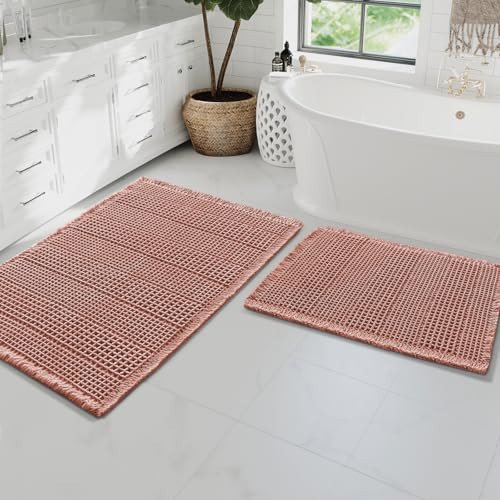 H.VERSAILTEX Waffle Bath Mat Super Absorbent Bathroom Mats Non Slip Bath Rugs for Bathroom Floor Machine Washable Ultra Soft Bathroom Rugs for Beside Tub, (32 x 20 Plus 24 x 17 - Inches, Soft Pink) | Amazon (US)