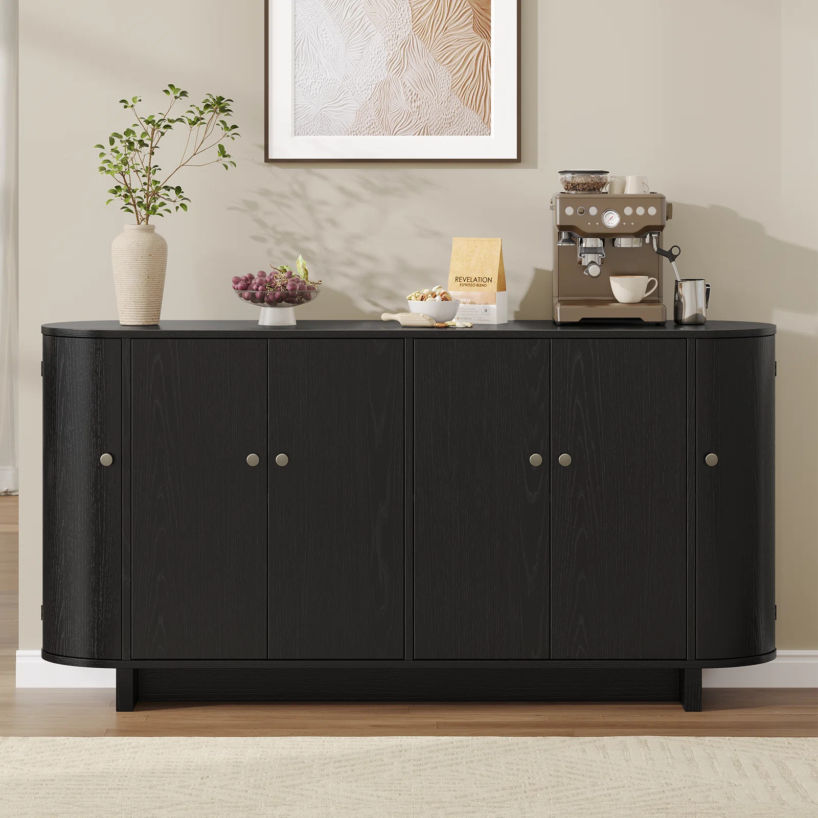 63" Sideboard With Curved Edge, Buffet Cabinet With 2 Curved Doors & 4 Cabinets, Buffet Cabinet W... | Wayfair North America